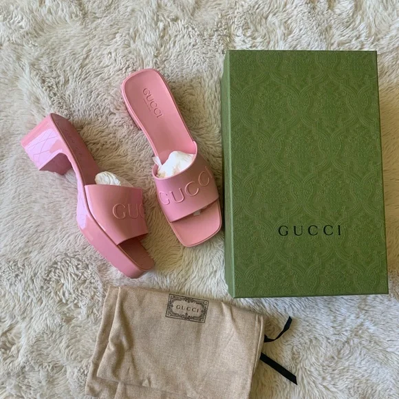 New GUCCI Wild Rose Pink Rubber GG Logo Slides Heel Mules Sandals Women’… - Picture 3 of 12